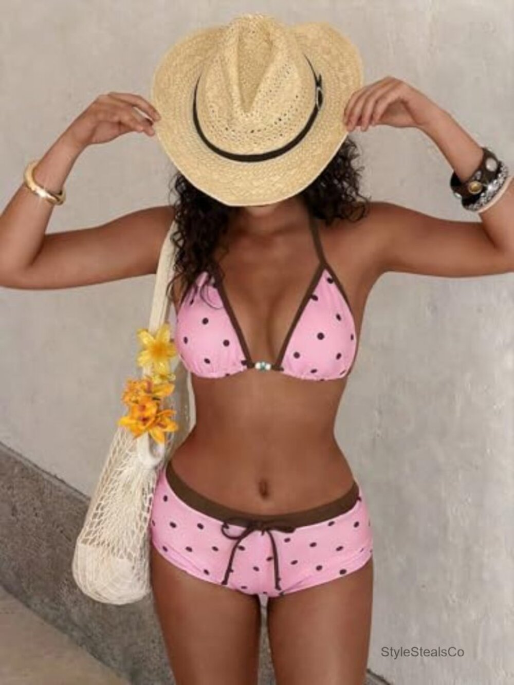 2 Piece Bikini Set Triangle Halter Top Boyshorts Polka Dot Swim Suit - Picture 2 of 6